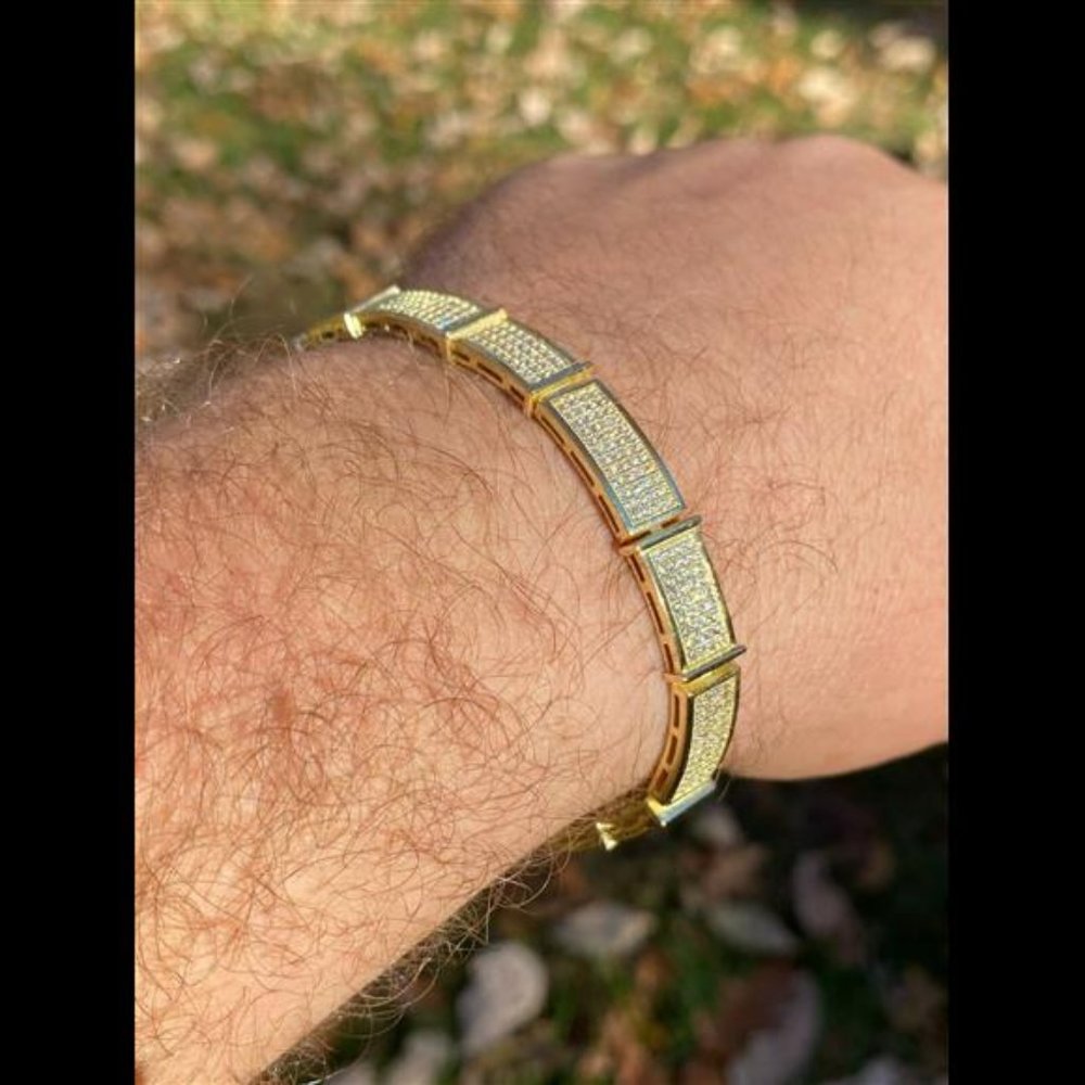 COPY - 14k Gold Over Solid 925 Sterling Silver Mens Iced Flooded Out Bracelet D… - Picture 8 of 10